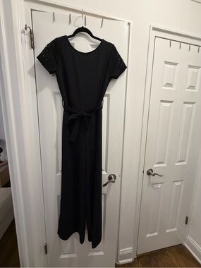 Black Short-Sleeve Jumpsuit with Waist Tie